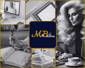 Collage visual de MB Activa amb imatges que representen el treball d’una secretària personal digital: videotrucada, agenda, documentació, escriptura a mà i treball digital amb cafè. El logotip central simbolitza organització, calma i connexió professional.
