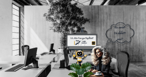 Il·lustració irònica d’una oficina moderna on un robot presenta “solucions màgiques” d’intel·ligència artificial (IA) mentre una professional l’observa amb escepticisme. Crítica visual al màrqueting de la IA, creada per MB Activa – Secretària personal digital.