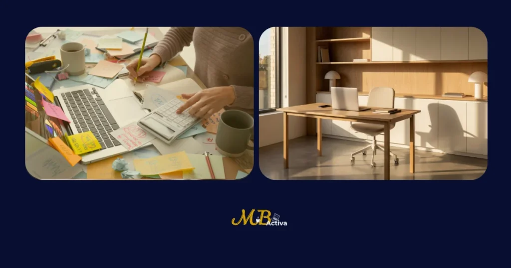 Escriptori desordenat vs escriptori net i organitzat - gestió de factures i control trimestral per a autònoms