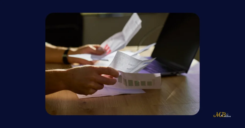 Mans revisant factures en paper acumulades - gestió trimestral desorganitzada en un petit negoci