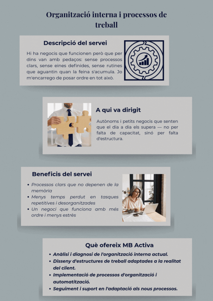Gif animat amb les fitxes del servei d'organització interna i processos de treball de MB Activa